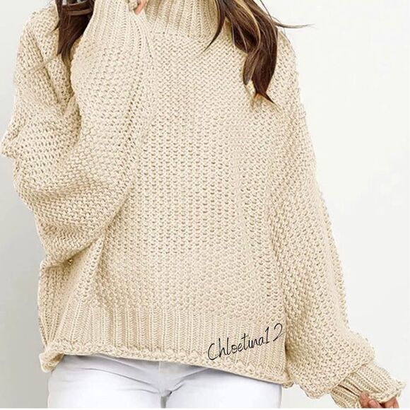 New High Neck Long Sleeve Chunky Knit Pullover Turtleneck Sweater - Picture 5 of 7